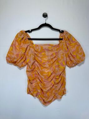 Rose & Olive Ruched Puff Sleeve Top Peach Floral Coquette Blouse Size L NWT